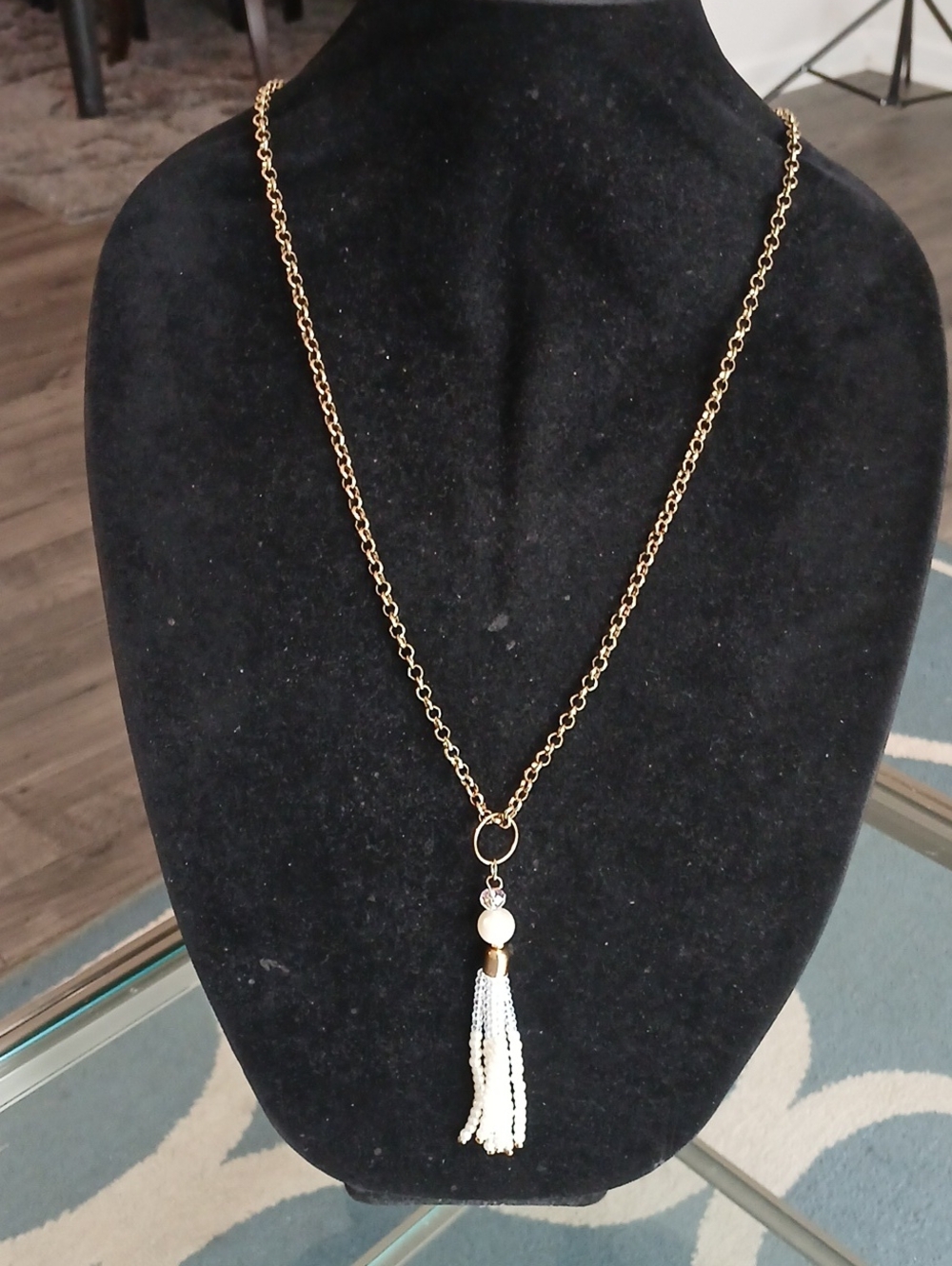Gold Chain Necklace with White Tassel Pendant